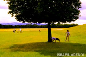 A child doing a tumble for a friend beside a tree. In the background another child runs to catch up of with a group of people.